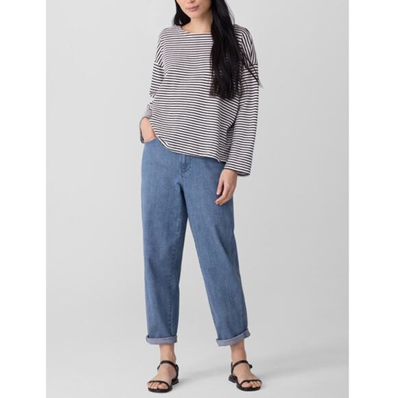 Eileen Fisher Women's Black White Striped Cotton Slub Bateau Neck Top Size M - Picture 11 of 11